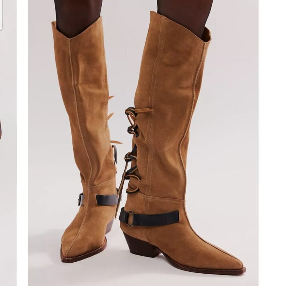 NWOB Free People Black Lace Sway Low Slouchy Suede Leather Knee High Boots 6.5 - Picture 3 of 10